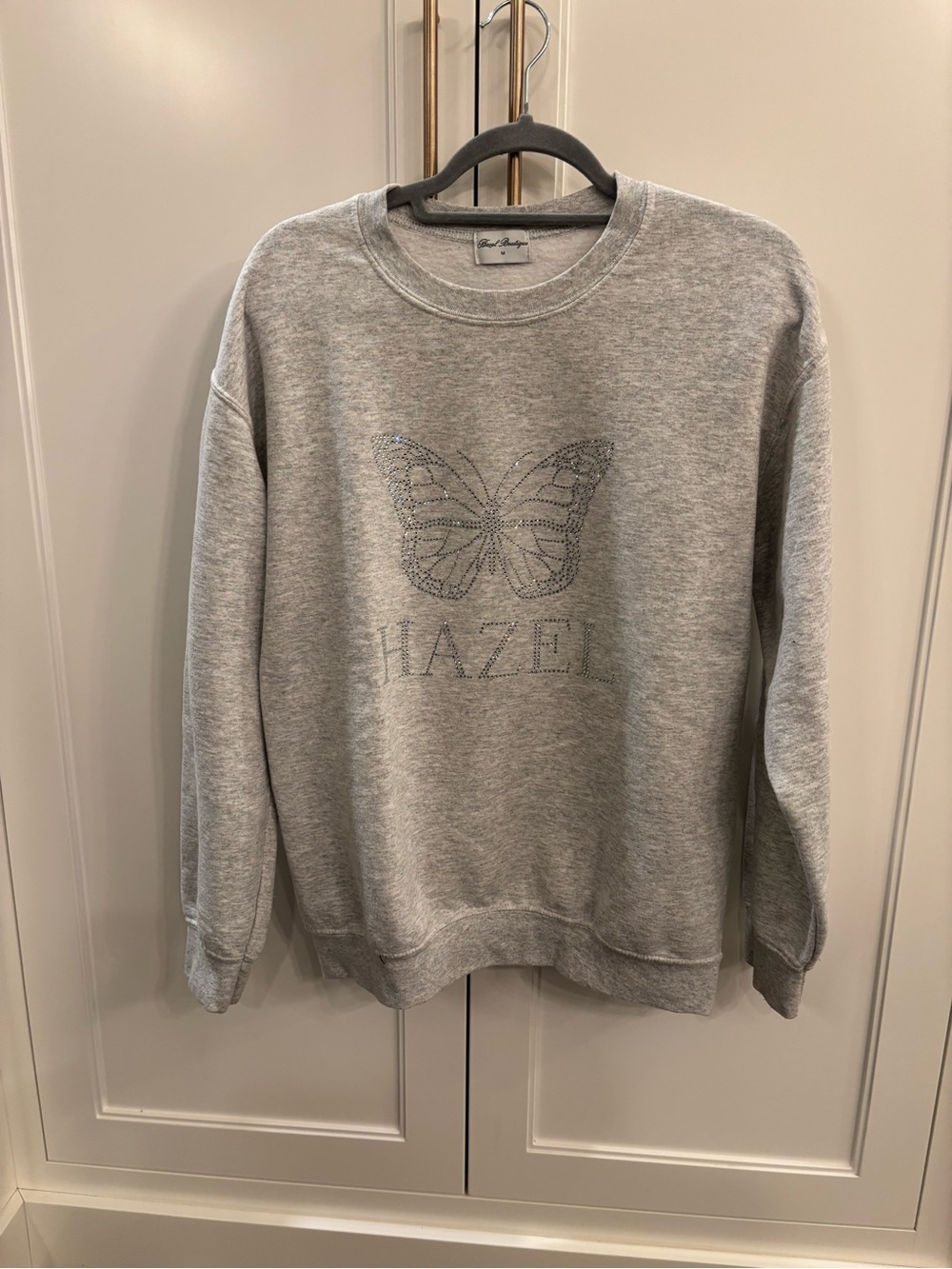 Hazel Boutique Light Gray Crewneck Sweatshirt with Rhinestone Butterfly - medium - Picture 1 of 4